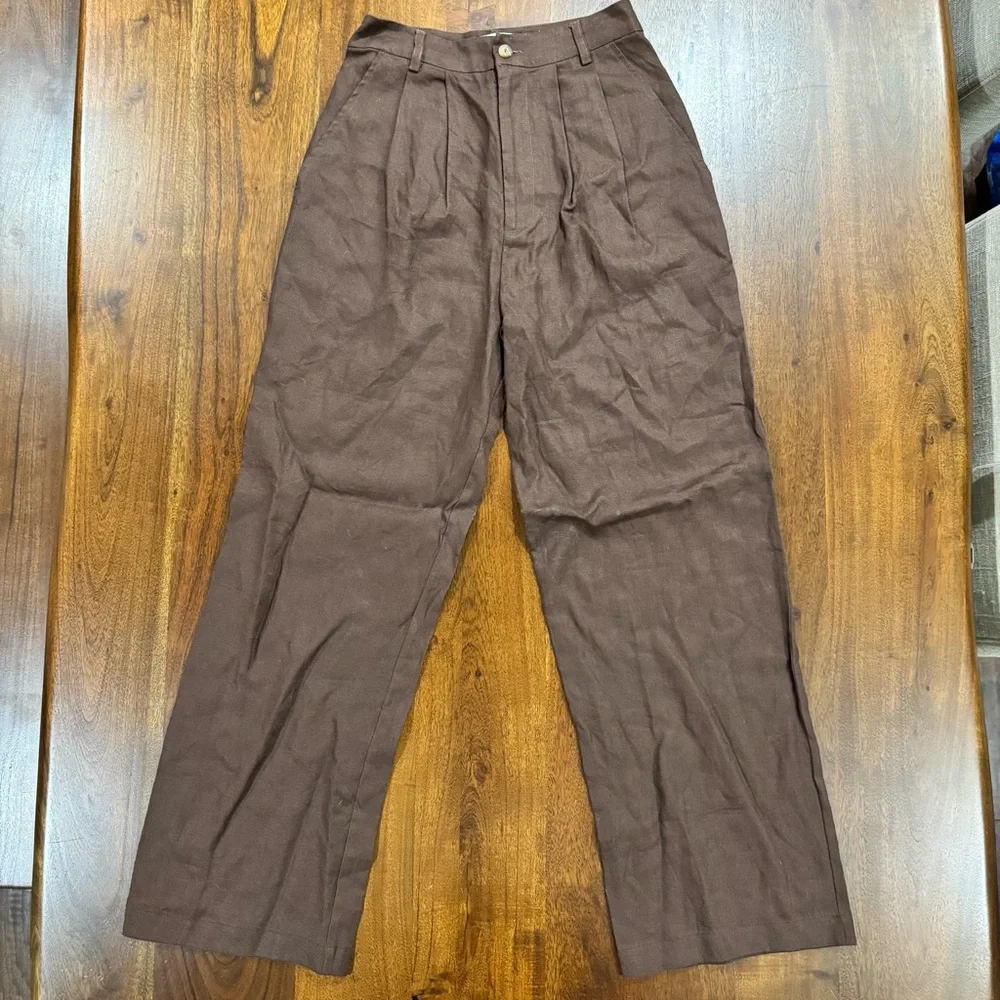 Reformation Vesta Pleated Linen High-Rise Trousers Cafe Brown Size 0 European - Picture 2 of 8